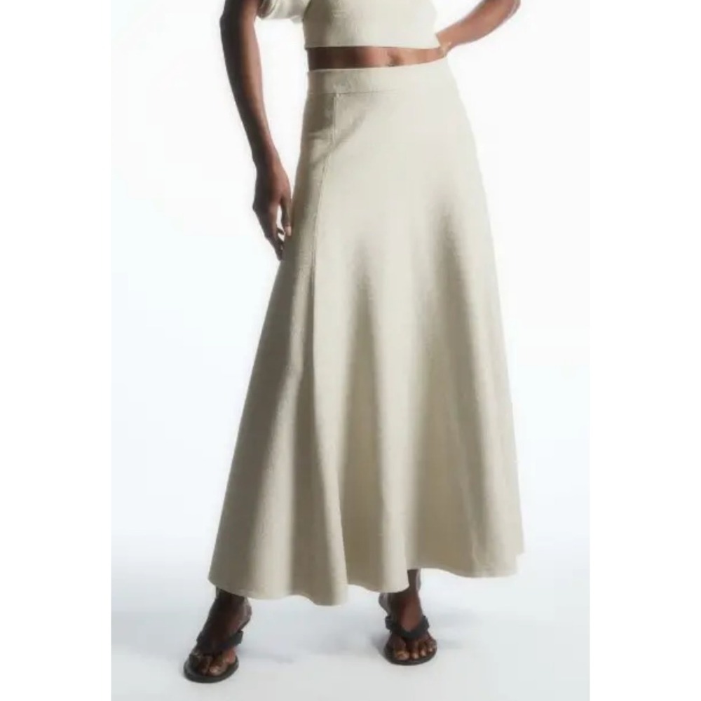COS Asymmetric Flared Knit Midi Skirt S Beige Gold Metallic Shimmer Holiday Glam